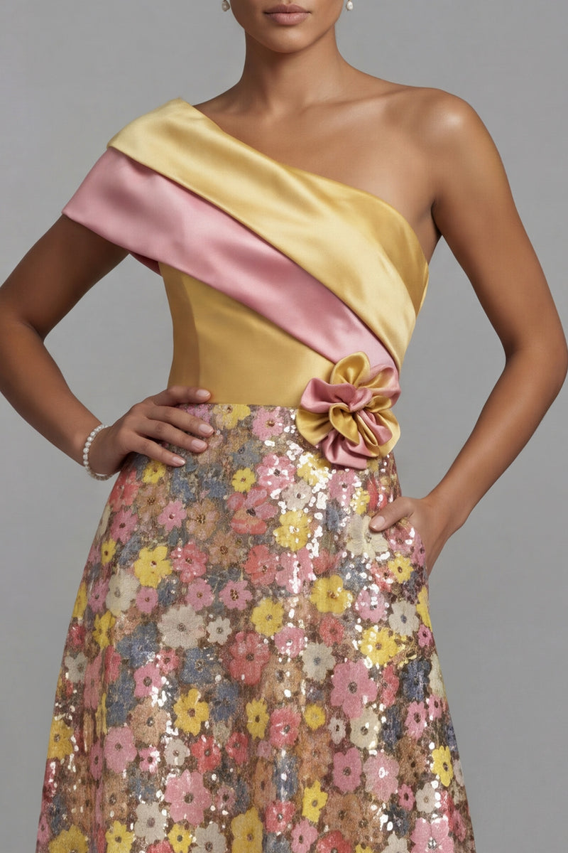 Laden Sie das Bild in den Galerie-Viewer, Glitzerndes gelbes, schulterlanges Blumenmuster A-Linie Mutter-der-Braut-Kleid