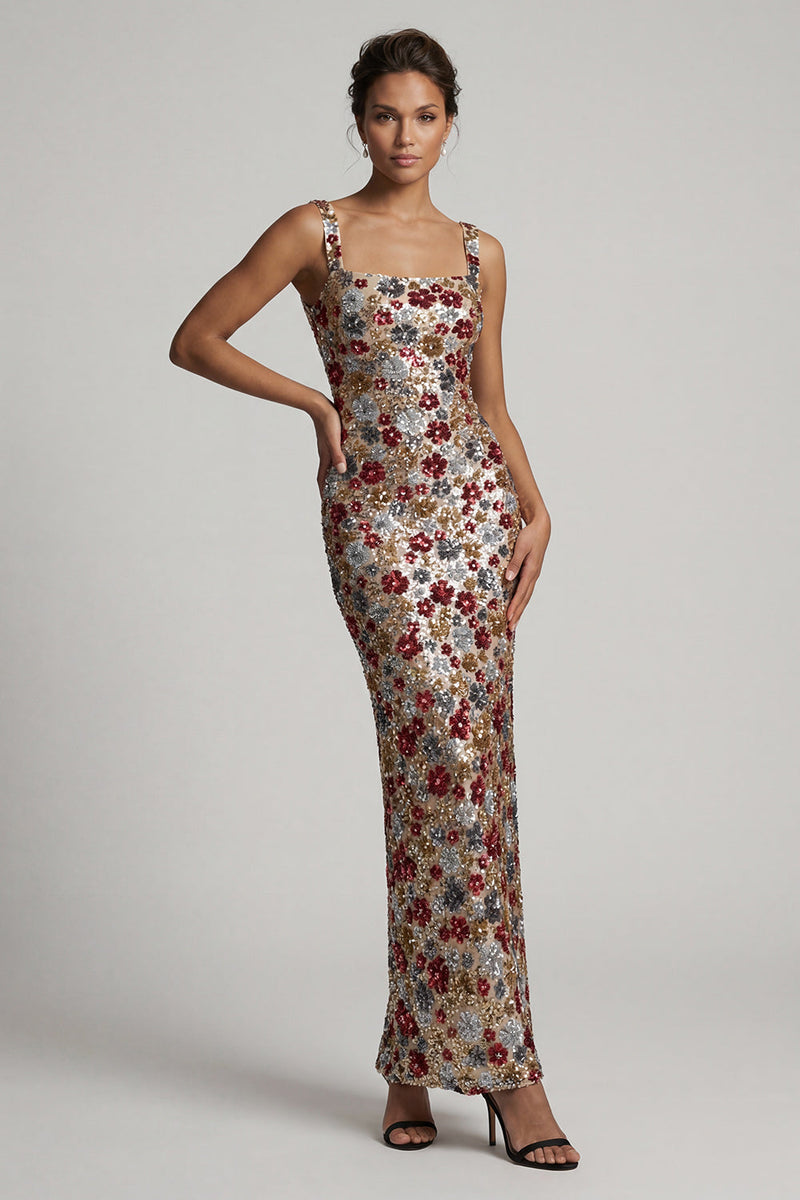 Laden Sie das Bild in den Galerie-Viewer, Glitzerndes rotes, quadratisches Blumen-Meerjungfrauen-Pailletten-Langes Mutter-der-Braut-Kleid