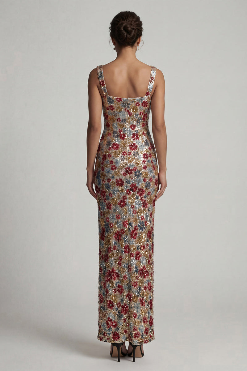 Laden Sie das Bild in den Galerie-Viewer, Glitzerndes rotes, quadratisches Blumen-Meerjungfrauen-Pailletten-Langes Mutter-der-Braut-Kleid