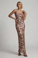 Laden Sie das Bild in den Galerie-Viewer, Glitzerndes rotes, quadratisches Blumen-Meerjungfrauen-Pailletten-Langes Mutter-der-Braut-Kleid