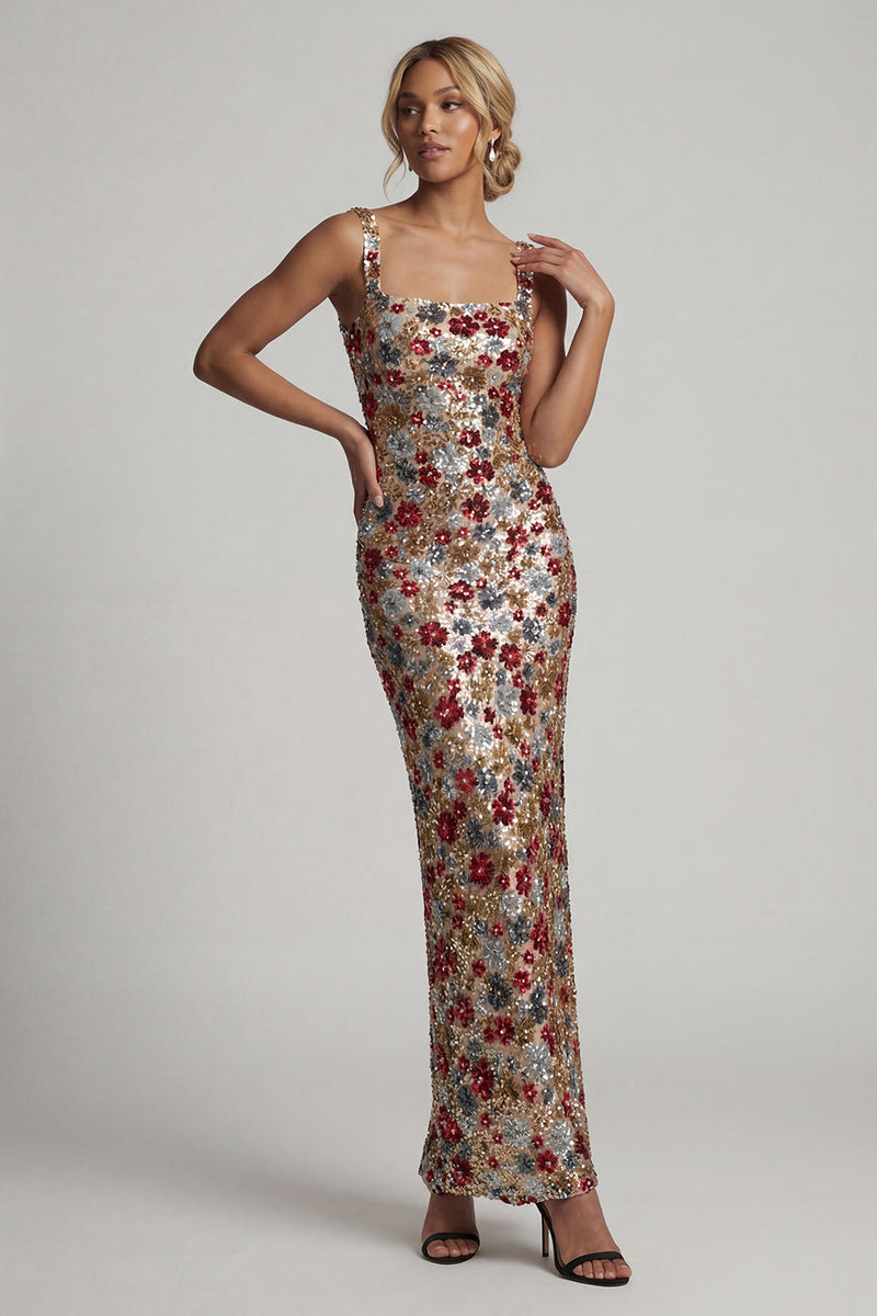 Laden Sie das Bild in den Galerie-Viewer, Glitzerndes rotes, quadratisches Blumen-Meerjungfrauen-Pailletten-Langes Mutter-der-Braut-Kleid