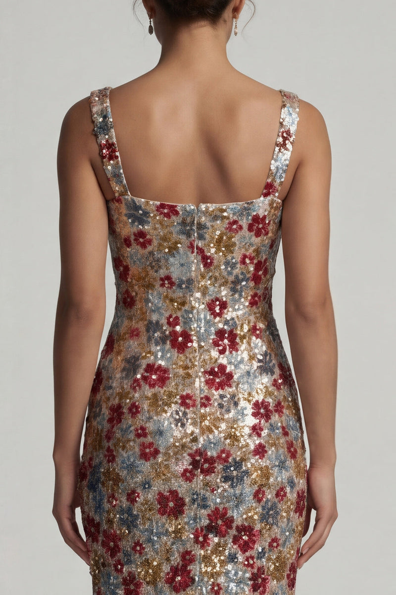 Laden Sie das Bild in den Galerie-Viewer, Glitzerndes rotes, quadratisches Blumen-Meerjungfrauen-Pailletten-Langes Mutter-der-Braut-Kleid