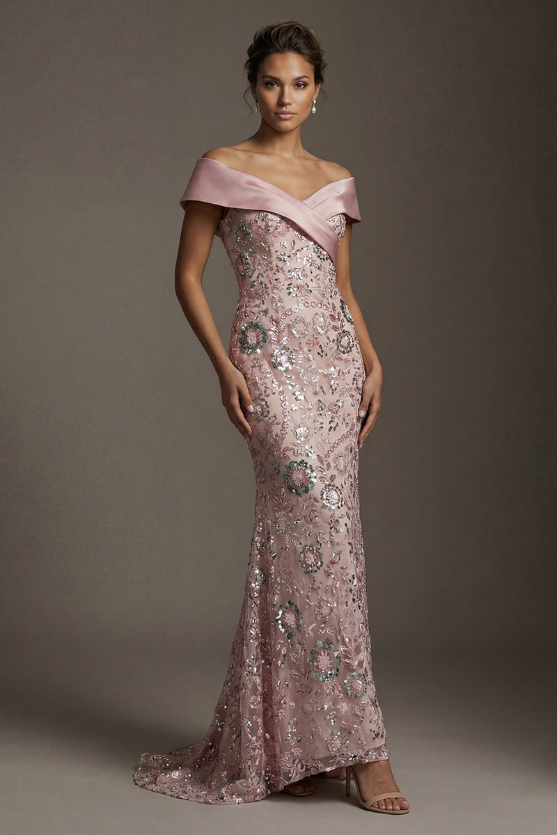 Laden Sie das Bild in den Galerie-Viewer, Glitzerndes pinkes, schulterloses Meerjungfrauen-Perlenkleid Mutter der Braut