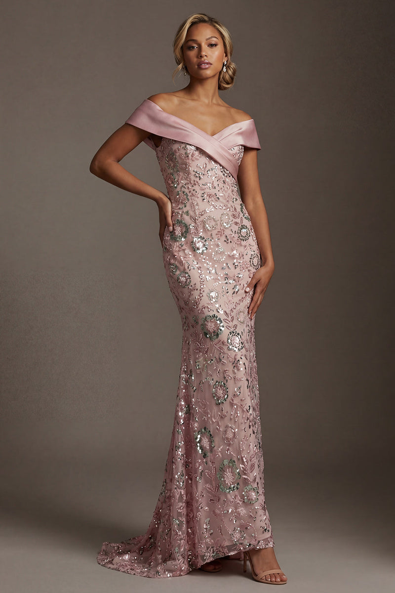 Laden Sie das Bild in den Galerie-Viewer, Glitzerndes pinkes, schulterloses Meerjungfrauen-Perlenkleid Mutter der Braut