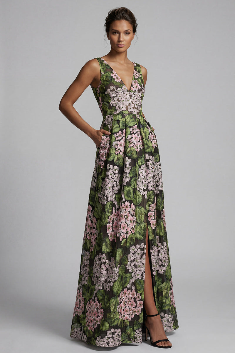 Laden Sie das Bild in den Galerie-Viewer, Dunkelgrünes V-Ausschnitt mit Blumen in langer A-Linie Mutter-der-Braut-Kleid mit Taschen