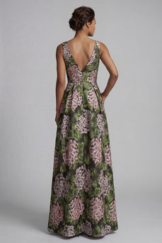 Dunkelgrünes V-Ausschnitt mit Blumen in langer A-Linie Mutter-der-Braut-Kleid mit Taschen