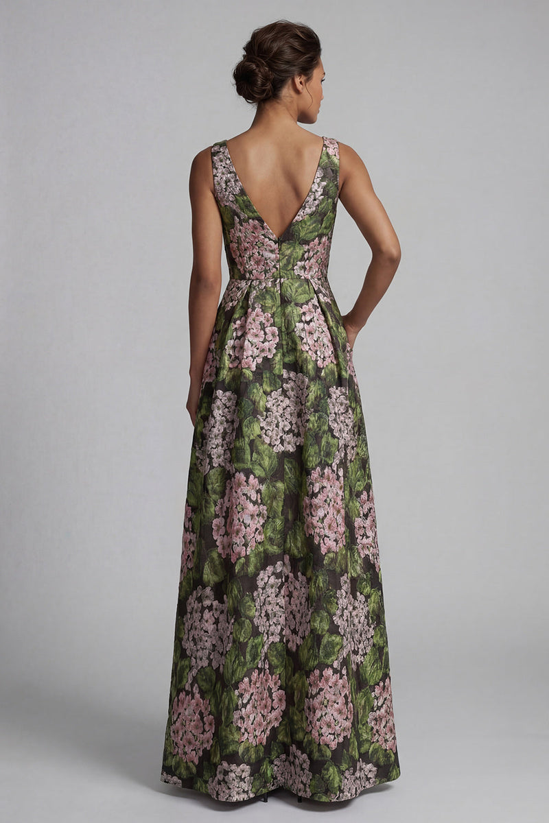 Laden Sie das Bild in den Galerie-Viewer, Dunkelgrünes V-Ausschnitt mit Blumen in langer A-Linie Mutter-der-Braut-Kleid mit Taschen