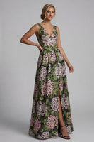 Laden Sie das Bild in den Galerie-Viewer, Dunkelgrünes V-Ausschnitt mit Blumen in langer A-Linie Mutter-der-Braut-Kleid mit Taschen