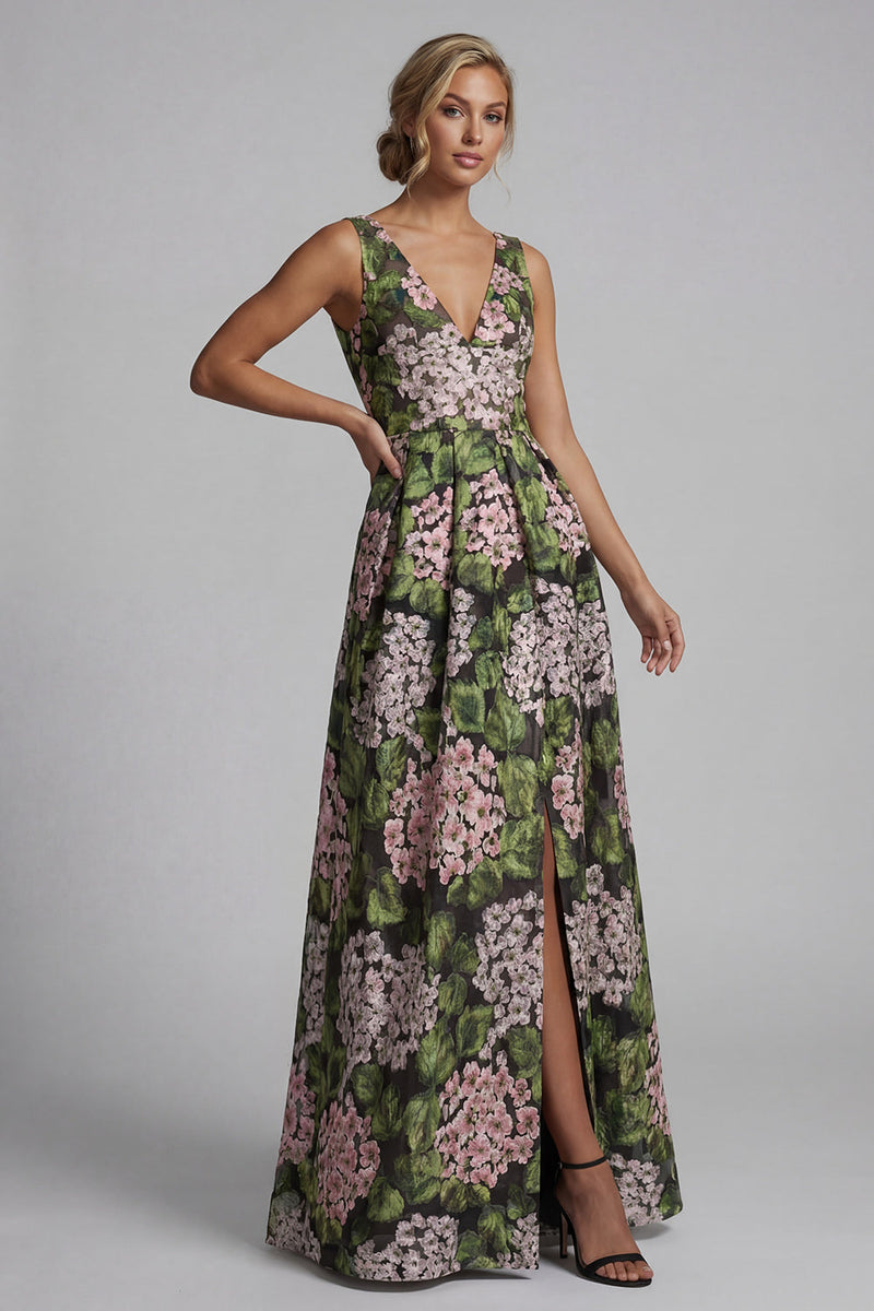 Laden Sie das Bild in den Galerie-Viewer, Dunkelgrünes V-Ausschnitt mit Blumen in langer A-Linie Mutter-der-Braut-Kleid mit Taschen