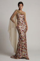 Laden Sie das Bild in den Galerie-Viewer, Glitzerndes rotes Blumenmeerjungfrauen-Rapen-Pailletten-Langes Mutter-der-Braut-Kleid mit Seitenumhang