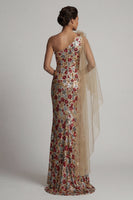 Laden Sie das Bild in den Galerie-Viewer, Glitzerndes rotes Blumenmeerjungfrauen-Rapen-Pailletten-Langes Mutter-der-Braut-Kleid mit Seitenumhang