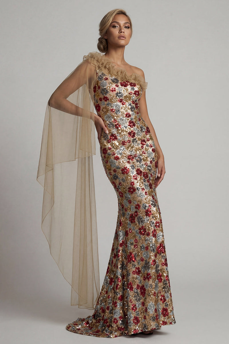 Laden Sie das Bild in den Galerie-Viewer, Glitzerndes rotes Blumenmeerjungfrauen-Rapen-Pailletten-Langes Mutter-der-Braut-Kleid mit Seitenumhang