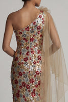 Laden Sie das Bild in den Galerie-Viewer, Glitzerndes rotes Blumenmeerjungfrauen-Rapen-Pailletten-Langes Mutter-der-Braut-Kleid mit Seitenumhang