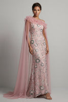 Laden Sie das Bild in den Galerie-Viewer, Glitzerndes, rosafarbenes, gerüschendes Meerjungfrauen-Perlenkleid, lange Mutter-der-Braut-Kleid mit Umhang