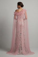 Laden Sie das Bild in den Galerie-Viewer, Glitzerndes, rosafarbenes, gerüschendes Meerjungfrauen-Perlenkleid, lange Mutter-der-Braut-Kleid mit Umhang