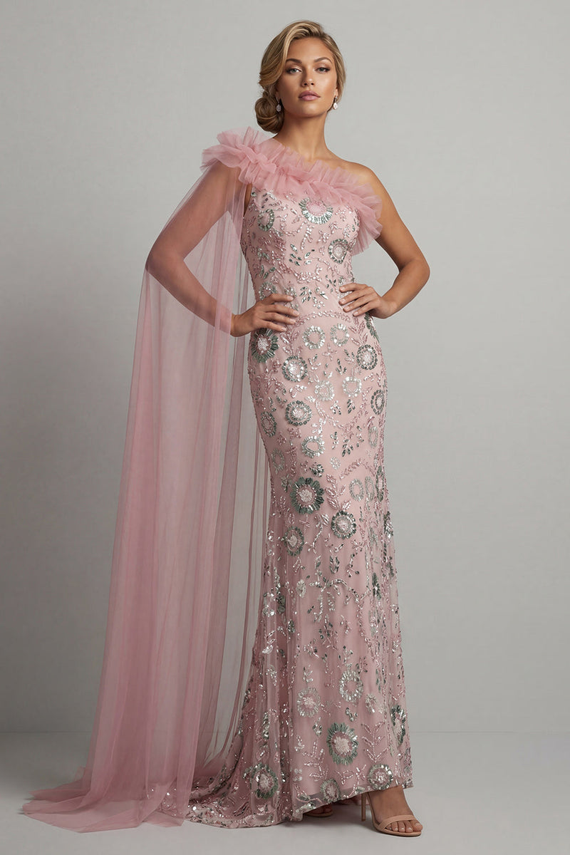 Laden Sie das Bild in den Galerie-Viewer, Glitzerndes, rosafarbenes, gerüschendes Meerjungfrauen-Perlenkleid, lange Mutter-der-Braut-Kleid mit Umhang
