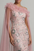 Laden Sie das Bild in den Galerie-Viewer, Glitzerndes, rosafarbenes, gerüschendes Meerjungfrauen-Perlenkleid, lange Mutter-der-Braut-Kleid mit Umhang