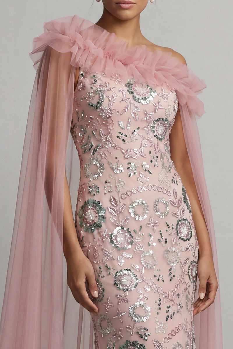 Laden Sie das Bild in den Galerie-Viewer, Glitzerndes, rosafarbenes, gerüschendes Meerjungfrauen-Perlenkleid, lange Mutter-der-Braut-Kleid mit Umhang
