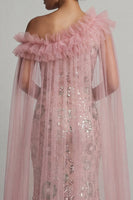 Laden Sie das Bild in den Galerie-Viewer, Glitzerndes, rosafarbenes, gerüschendes Meerjungfrauen-Perlenkleid, lange Mutter-der-Braut-Kleid mit Umhang