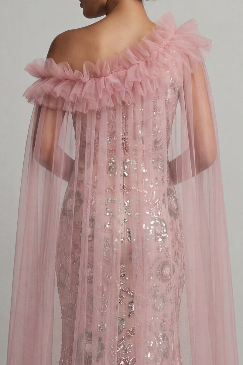 Laden Sie das Bild in den Galerie-Viewer, Glitzerndes, rosafarbenes, gerüschendes Meerjungfrauen-Perlenkleid, lange Mutter-der-Braut-Kleid mit Umhang