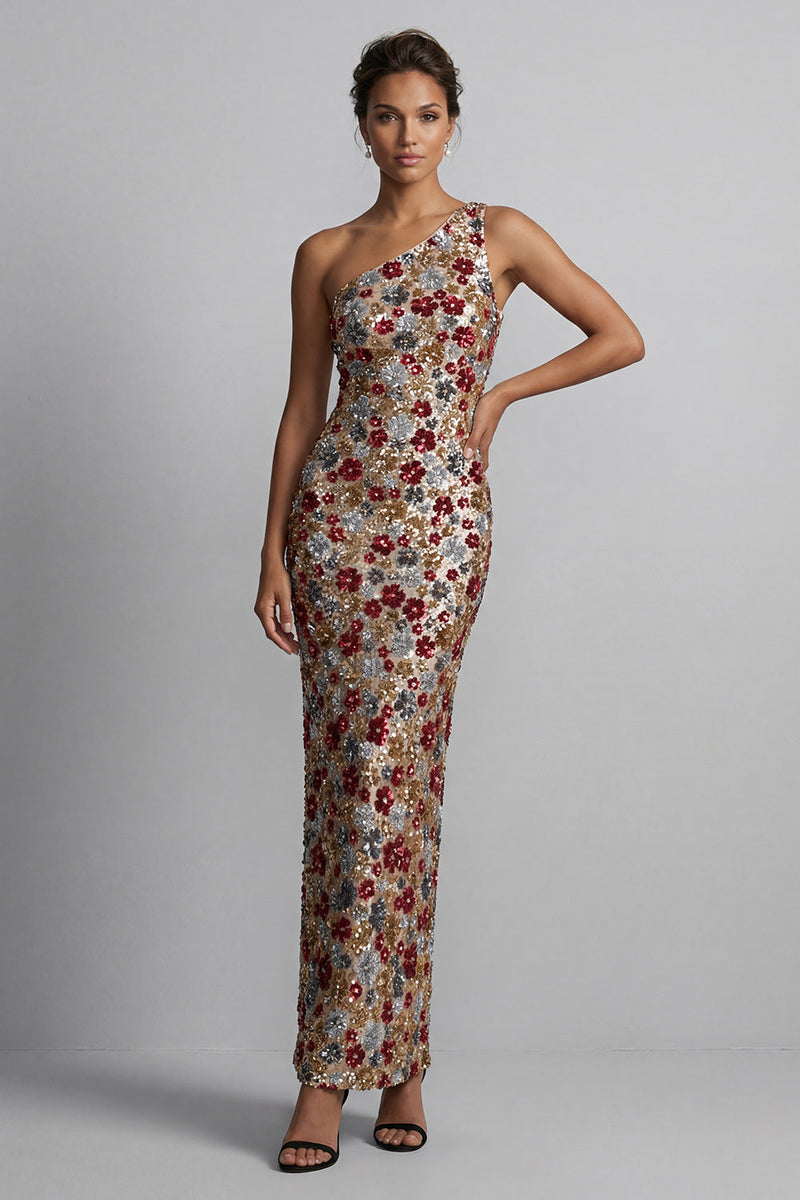 Laden Sie das Bild in den Galerie-Viewer, Glitzerndes rotes, einschulterfarbenes Blumenmeerjungfrauen-Pailletten-Langes Mutter-der-Braut-Kleid