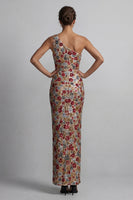 Laden Sie das Bild in den Galerie-Viewer, Glitzerndes rotes, einschulterfarbenes Blumenmeerjungfrauen-Pailletten-Langes Mutter-der-Braut-Kleid