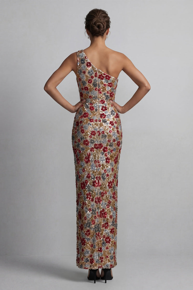 Laden Sie das Bild in den Galerie-Viewer, Glitzerndes rotes, einschulterfarbenes Blumenmeerjungfrauen-Pailletten-Langes Mutter-der-Braut-Kleid