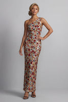 Laden Sie das Bild in den Galerie-Viewer, Glitzerndes rotes, einschulterfarbenes Blumenmeerjungfrauen-Pailletten-Langes Mutter-der-Braut-Kleid