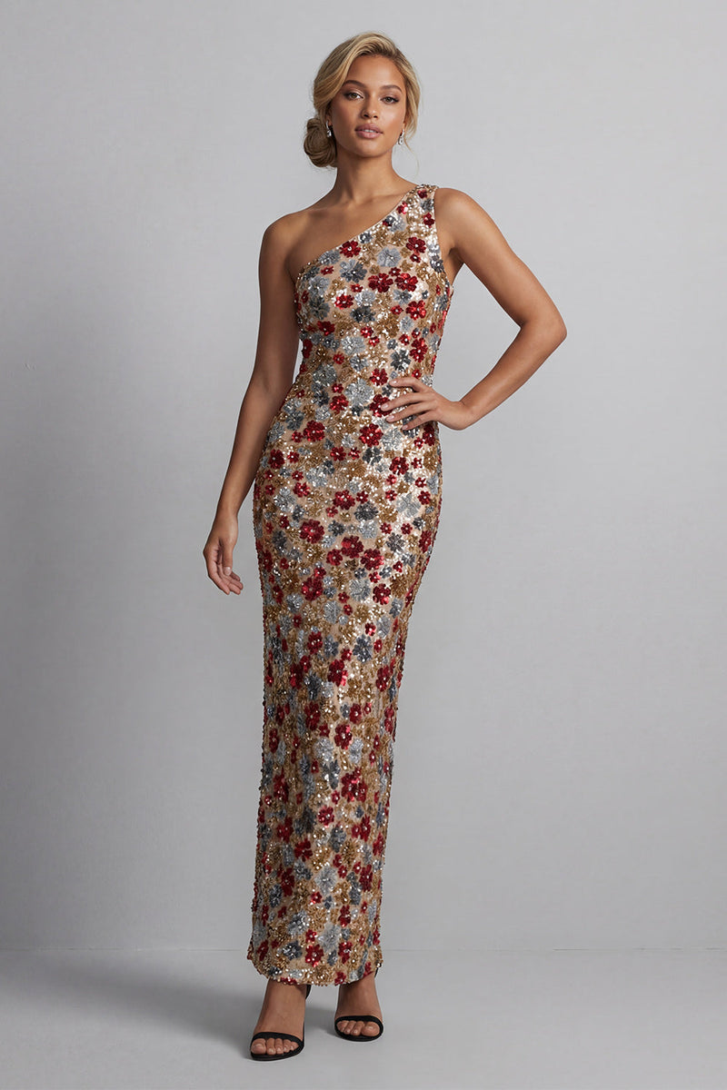 Laden Sie das Bild in den Galerie-Viewer, Glitzerndes rotes, einschulterfarbenes Blumenmeerjungfrauen-Pailletten-Langes Mutter-der-Braut-Kleid