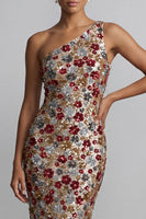 Laden Sie das Bild in den Galerie-Viewer, Glitzerndes rotes, einschulterfarbenes Blumenmeerjungfrauen-Pailletten-Langes Mutter-der-Braut-Kleid