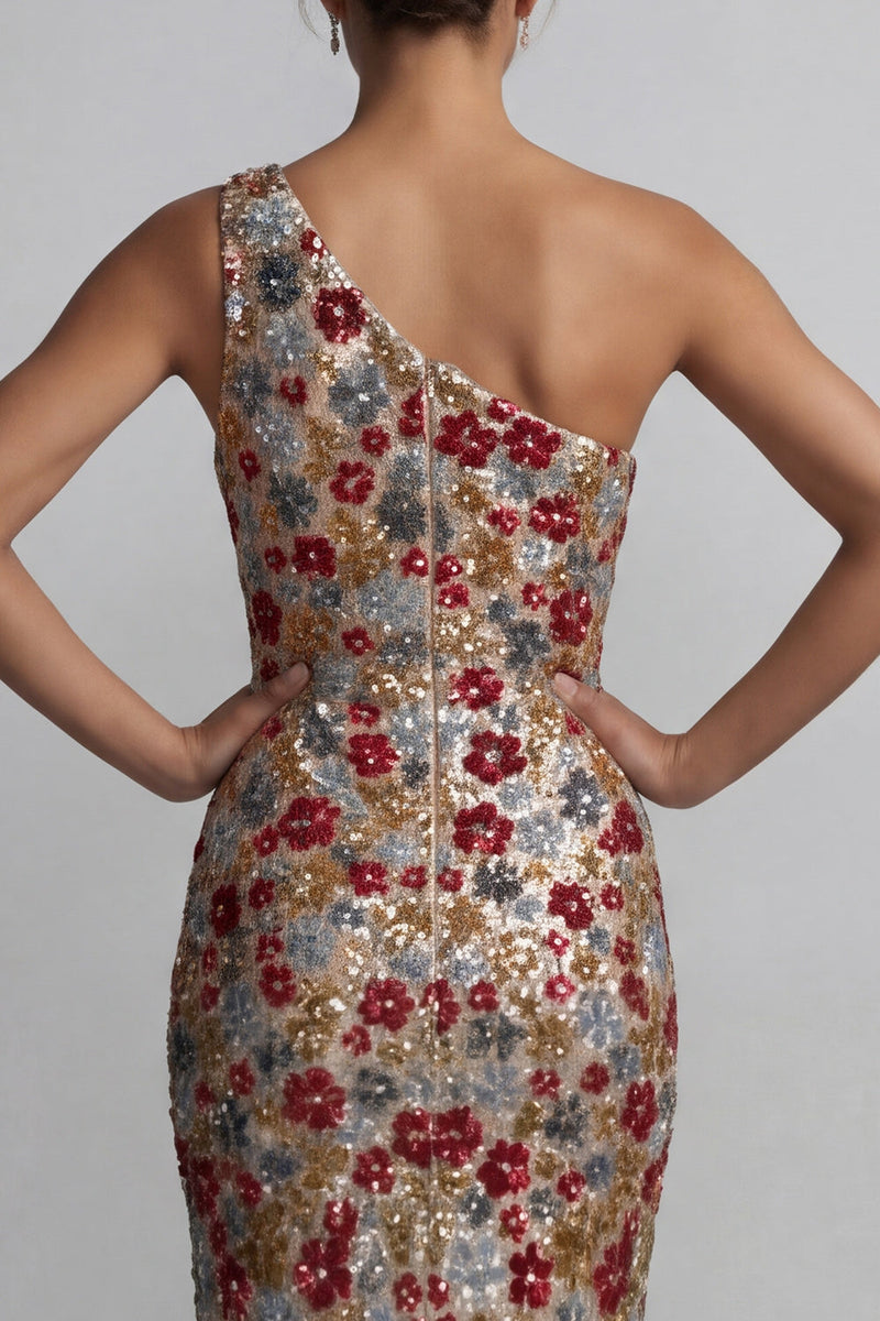 Laden Sie das Bild in den Galerie-Viewer, Glitzerndes rotes, einschulterfarbenes Blumenmeerjungfrauen-Pailletten-Langes Mutter-der-Braut-Kleid