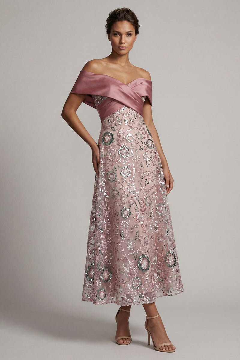 Laden Sie das Bild in den Galerie-Viewer, Glitzerndes Rosa Eine lange Linie von der Schulter besetzte Mutter der Braut Kleid
