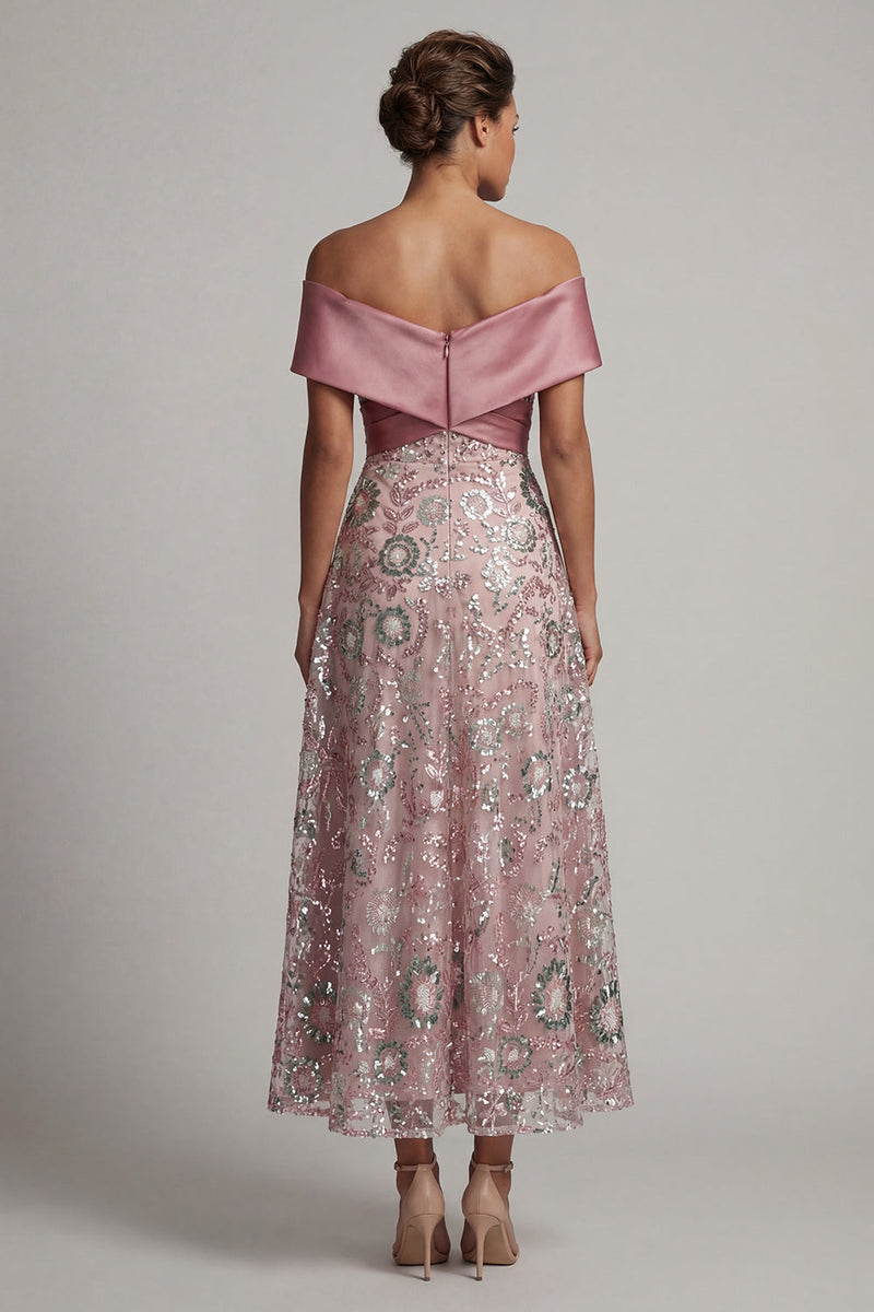 Laden Sie das Bild in den Galerie-Viewer, Glitzerndes Rosa Eine lange Linie von der Schulter besetzte Mutter der Braut Kleid