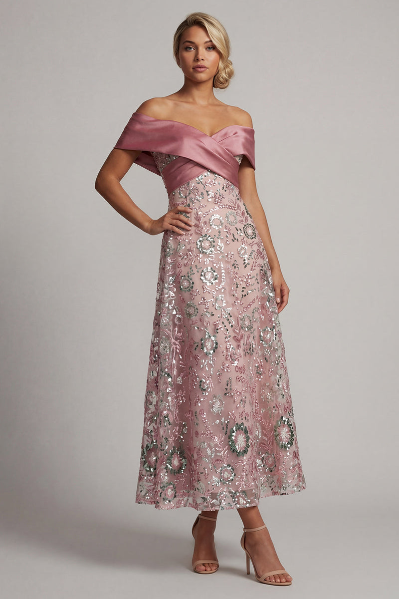 Laden Sie das Bild in den Galerie-Viewer, Glitzerndes Rosa Eine lange Linie von der Schulter besetzte Mutter der Braut Kleid
