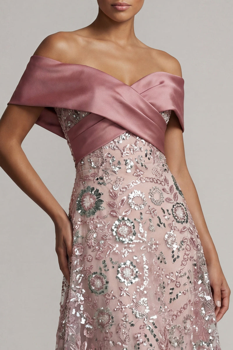 Laden Sie das Bild in den Galerie-Viewer, Glitzerndes Rosa Eine lange Linie von der Schulter besetzte Mutter der Braut Kleid