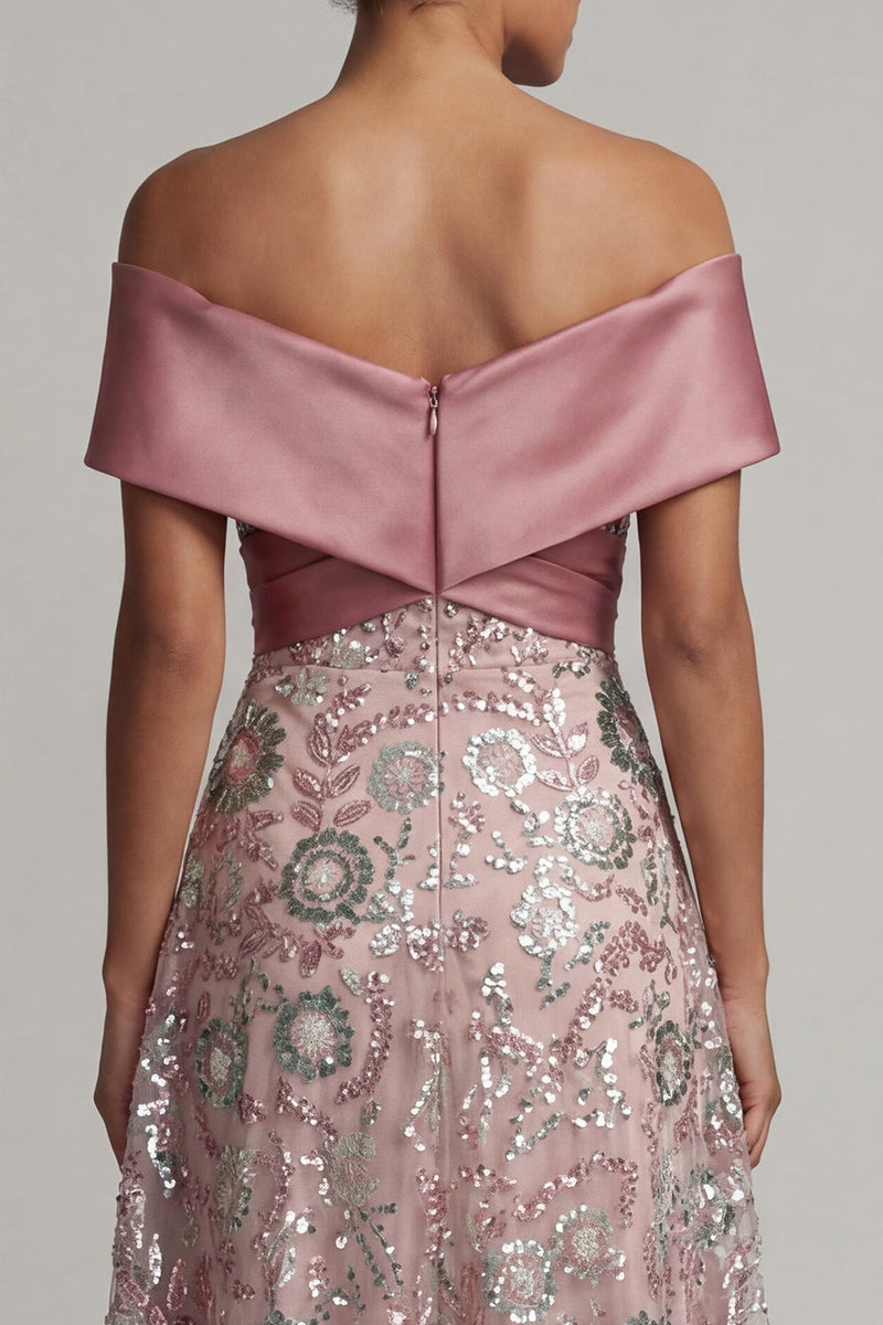 Laden Sie das Bild in den Galerie-Viewer, Glitzerndes Rosa Eine lange Linie von der Schulter besetzte Mutter der Braut Kleid