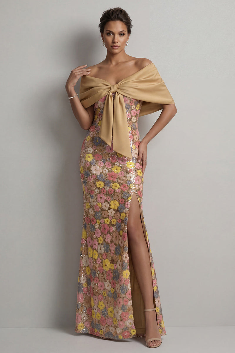 Laden Sie das Bild in den Galerie-Viewer, Glitzerndes gelbes Blumen-Meerjungfrauenkleid Long Mother of the Bride mit Schlitz