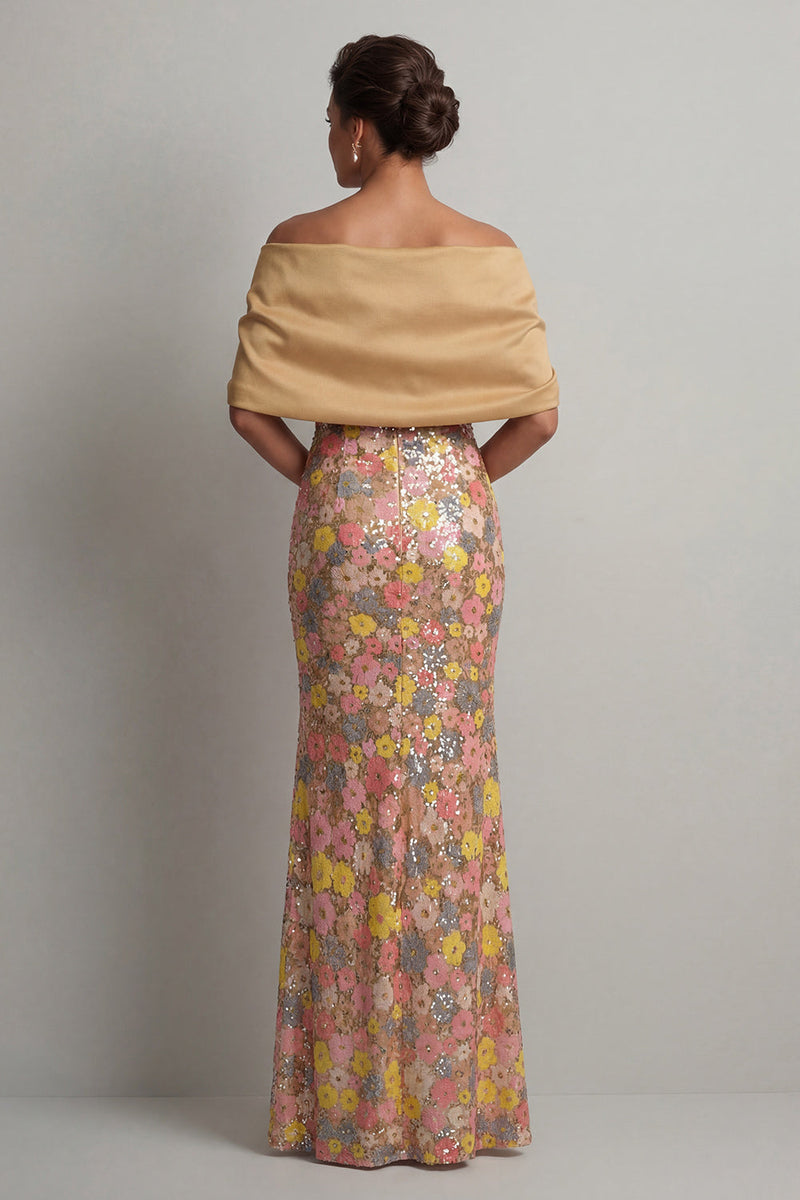 Laden Sie das Bild in den Galerie-Viewer, Glitzerndes gelbes Blumen-Meerjungfrauenkleid Long Mother of the Bride mit Schlitz