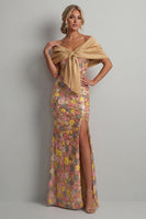 Laden Sie das Bild in den Galerie-Viewer, Glitzerndes gelbes Blumen-Meerjungfrauenkleid Long Mother of the Bride mit Schlitz