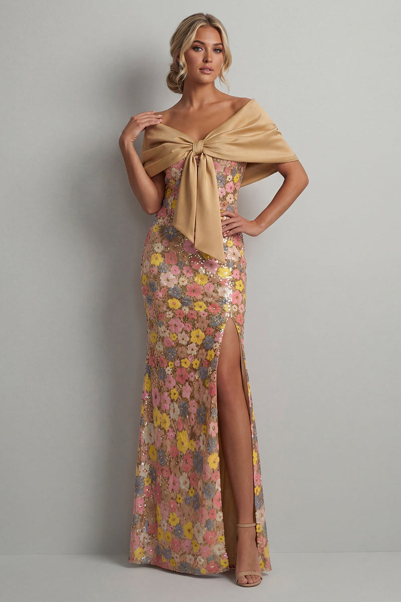 Laden Sie das Bild in den Galerie-Viewer, Glitzerndes gelbes Blumen-Meerjungfrauenkleid Long Mother of the Bride mit Schlitz