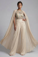 Laden Sie das Bild in den Galerie-Viewer, Champagner-Applikation mit gerafftem Rundhals-Mutter-Outfit mit Umhang