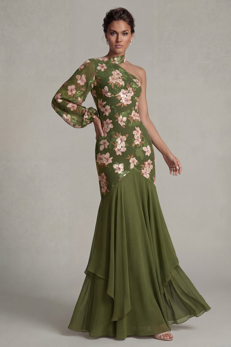 Laden Sie das Bild in den Galerie-Viewer, Eukalyptus-Neckholder-Meerjungfrau Einschulter-Mutter-der-Braut-Kleid mit langen Ärmeln