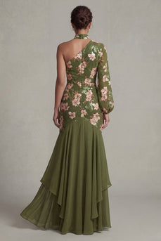 Eukalyptus-Neckholder-Meerjungfrau Einschulter-Mutter-der-Braut-Kleid mit langen Ärmeln