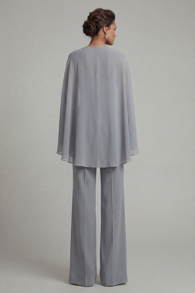 Laden Sie das Bild in den Galerie-Viewer, Graublauer applikierter Neckholder-Mutter-der-Braut-Overall mit Umhang