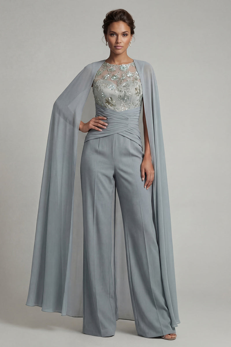 Laden Sie das Bild in den Galerie-Viewer, Graublauer applizierter Rundhals-Jumpsuit mit Mutter der Braut und Umhang