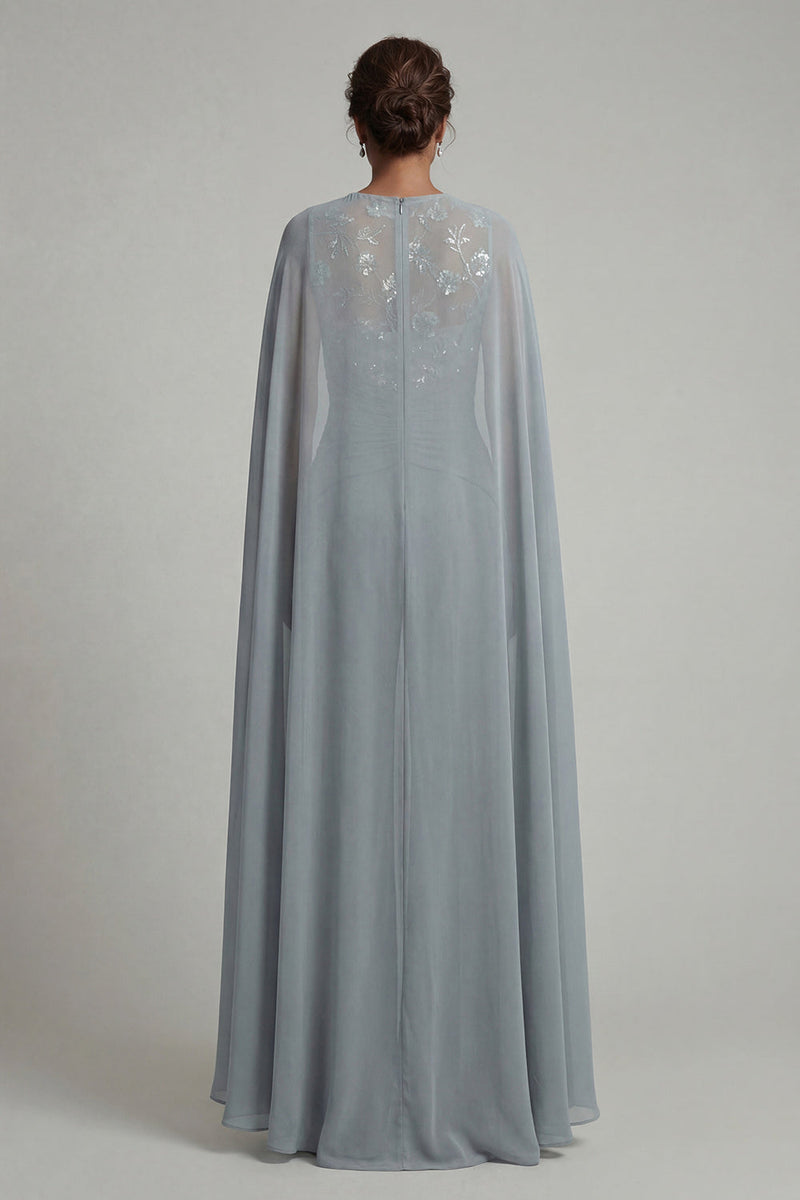 Laden Sie das Bild in den Galerie-Viewer, Graublauer applizierter Rundhals-Jumpsuit mit Mutter der Braut und Umhang