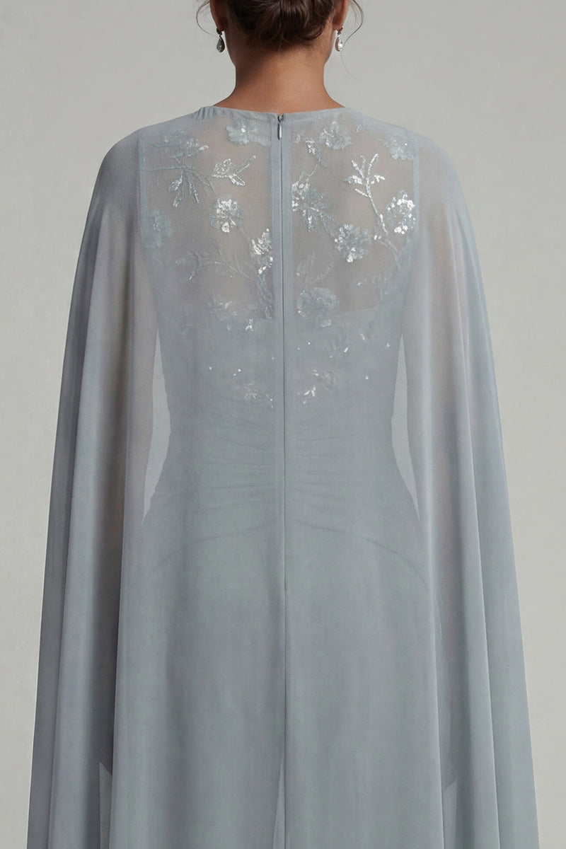 Laden Sie das Bild in den Galerie-Viewer, Graublauer applizierter Rundhals-Jumpsuit mit Mutter der Braut und Umhang