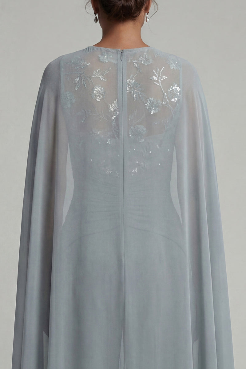 Laden Sie das Bild in den Galerie-Viewer, Graublauer applizierter Rundhals-Jumpsuit mit Mutter der Braut und Umhang