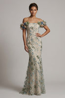Laden Sie das Bild in den Galerie-Viewer, Staubiger Salbei von der Schulter Meerjungfrauen-Pailletten-Mutter-der-Braut-Kleid mit 3D-Blumen