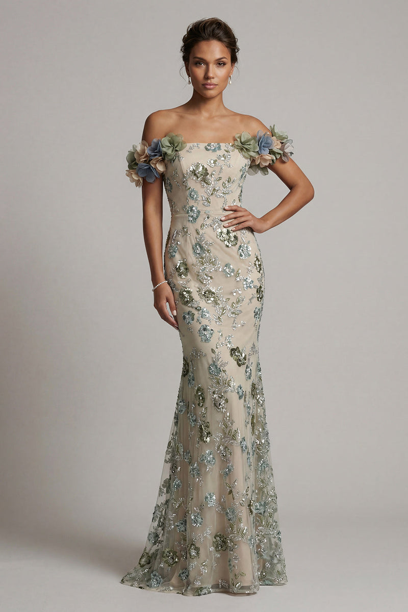 Laden Sie das Bild in den Galerie-Viewer, Staubiger Salbei von der Schulter Meerjungfrauen-Pailletten-Mutter-der-Braut-Kleid mit 3D-Blumen
